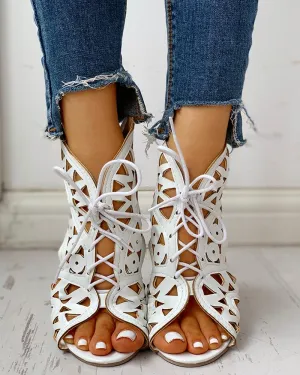 Hollow Out Lace up PU Wedge Sandals
