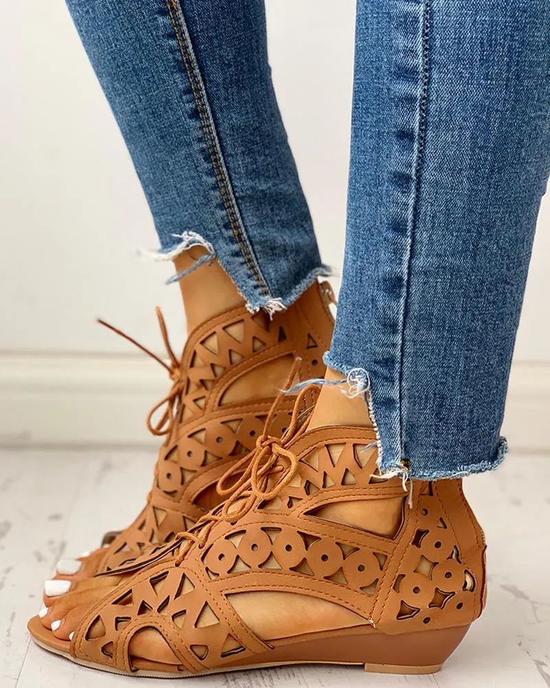 Hollow Out Lace up PU Wedge Sandals