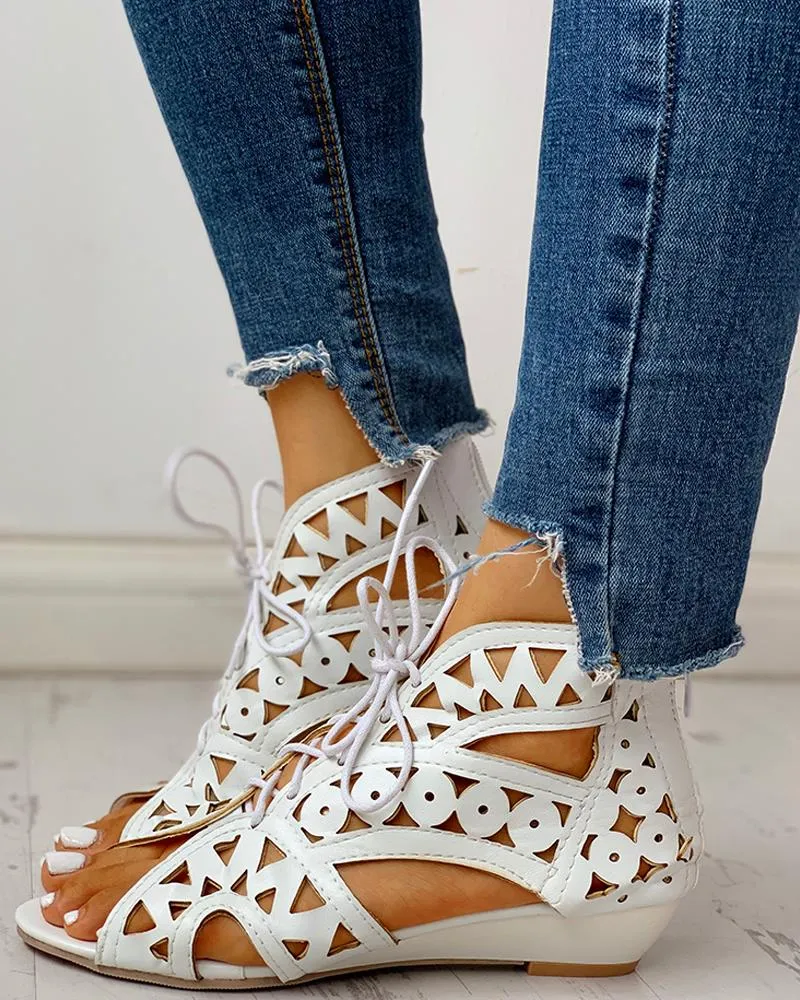 Hollow Out Lace up PU Wedge Sandals