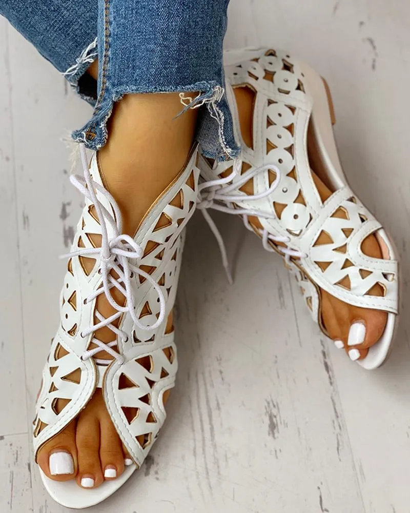 Hollow Out Lace up PU Wedge Sandals