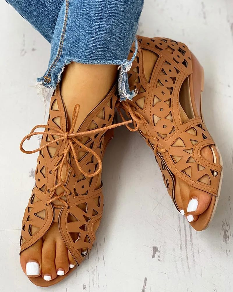 Hollow Out Lace up PU Wedge Sandals