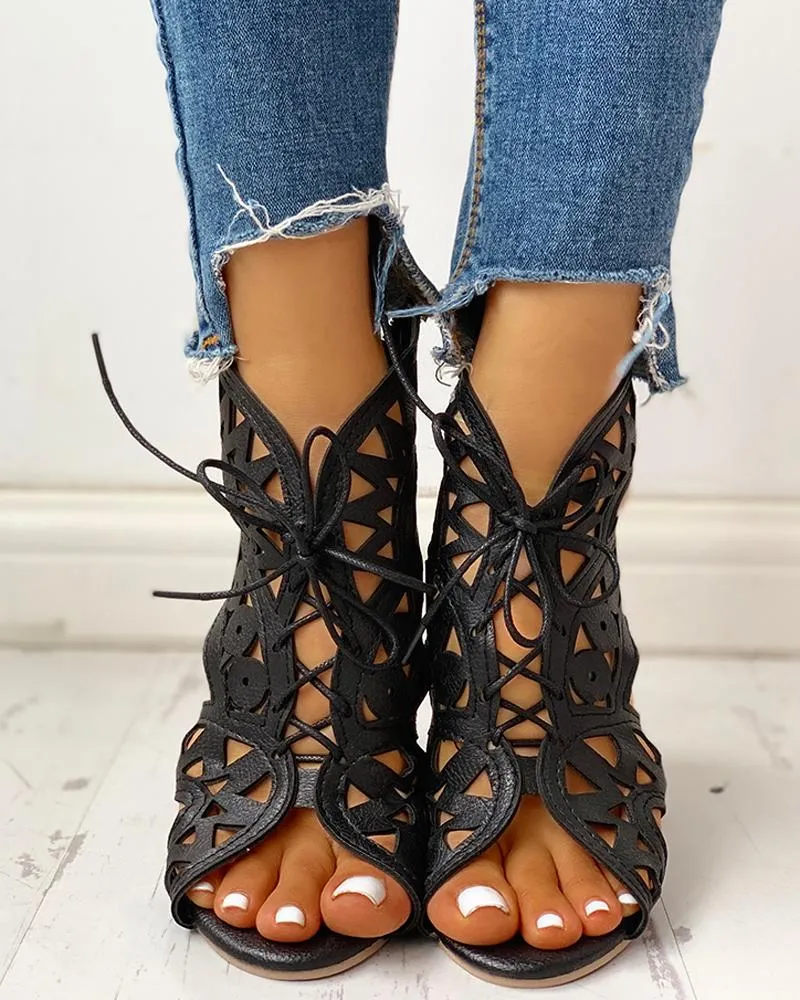 Hollow Out Lace up PU Wedge Sandals