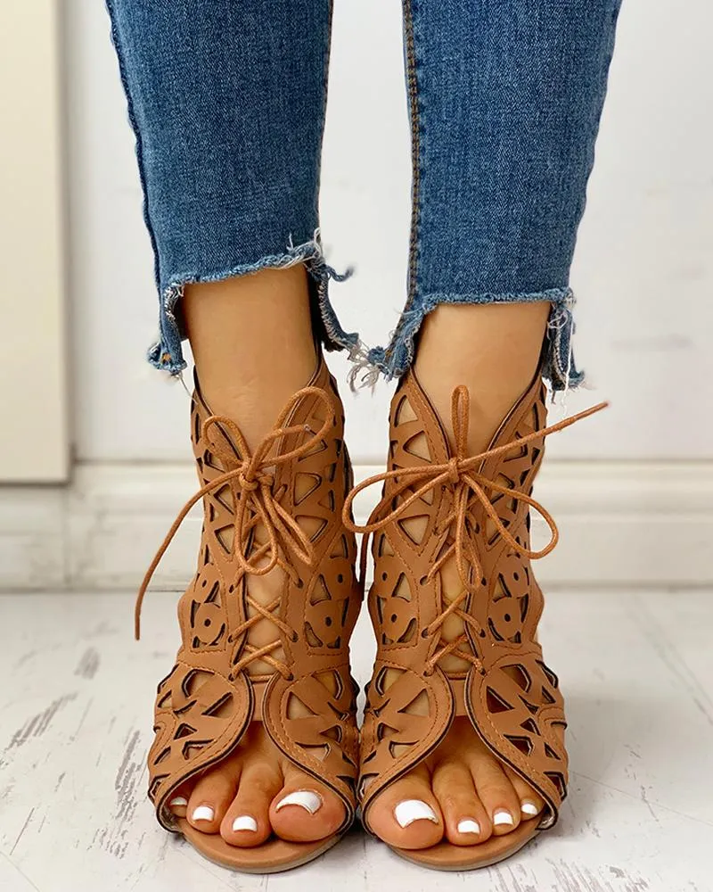 Hollow Out Lace up PU Wedge Sandals