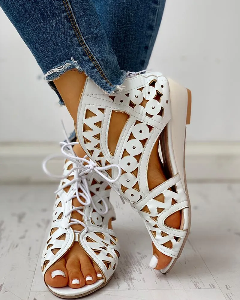 Hollow Out Lace up PU Wedge Sandals