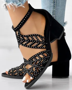 Hollow Out Leaf Rhinestone Decor Latin Dance Heels