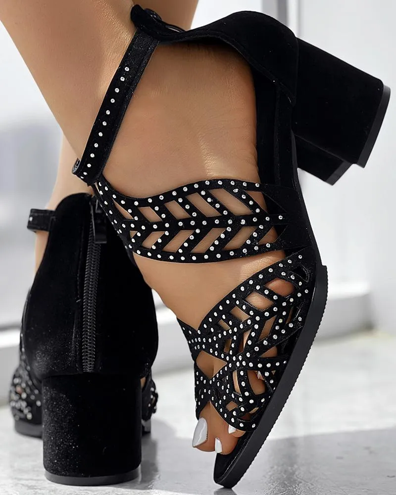 Hollow Out Leaf Rhinestone Decor Latin Dance Heels