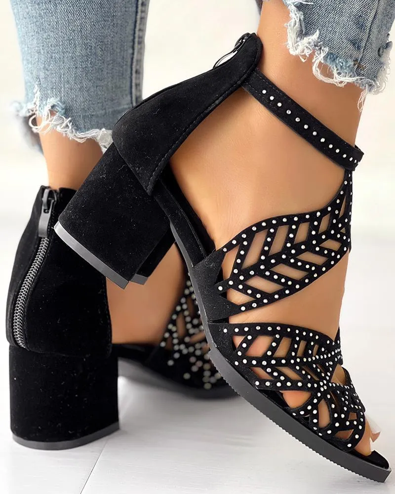 Hollow Out Leaf Rhinestone Decor Latin Dance Heels