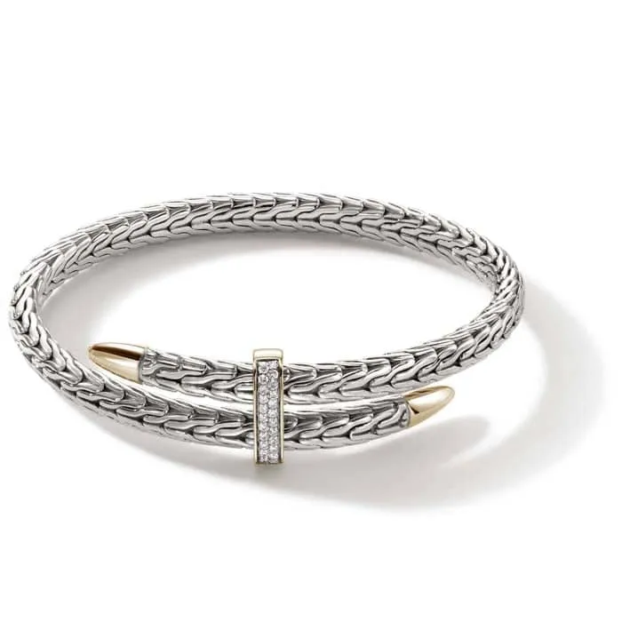 John Hardy Spear Pavé Flex Cuff in Sterling Silver and 14K Yellow Gold - Size Medium