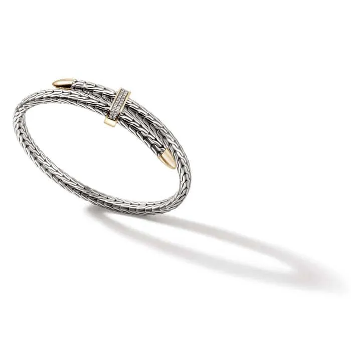 John Hardy Spear Pavé Flex Cuff in Sterling Silver and 14K Yellow Gold - Size Medium