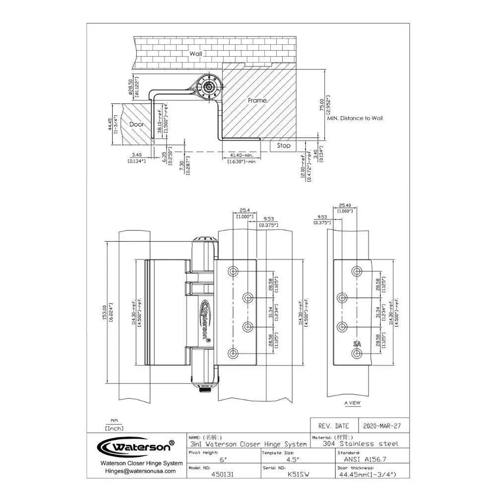 K51L-SWRH-450-B4 | Hydraulic Hybrid Swing Clear Hinge | 4.5” x 4.5” | 8ft | Fire-rated Stainless Steel | 4 Pack