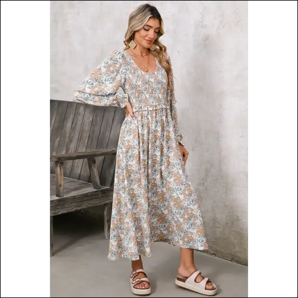 Khaki Floral Smocked Maxi Dress: Goddess  (but Make it Khaki) 🌻