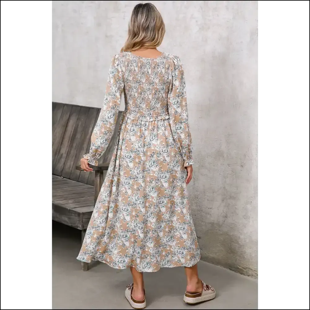 Khaki Floral Smocked Maxi Dress: Goddess  (but Make it Khaki) 🌻