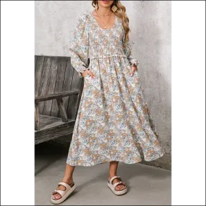 Khaki Floral Smocked Maxi Dress: Goddess  (but Make it Khaki) 🌻