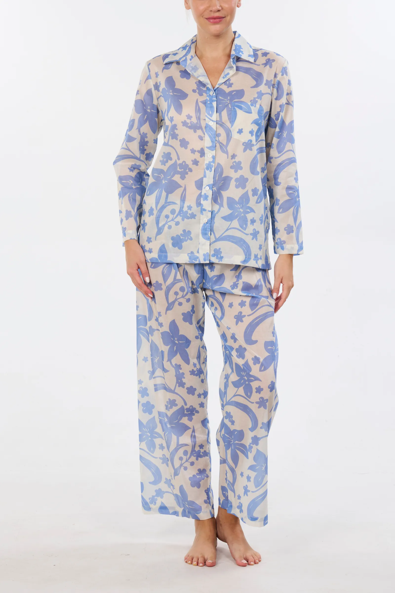 Long Sleeve Pajama Set - Hawaiian Blue Print