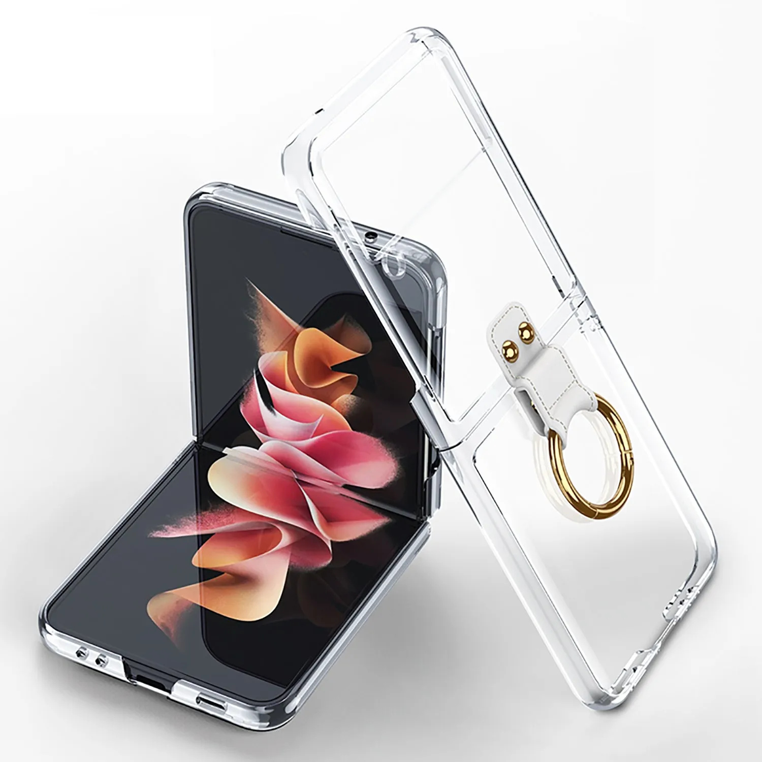 Luxury Transparent Plating Case Cover For Samsung Galaxy Z Flip 3 5G Case Ring Stand Hard Phone Cover For Galaxy Z Flip3 5G
