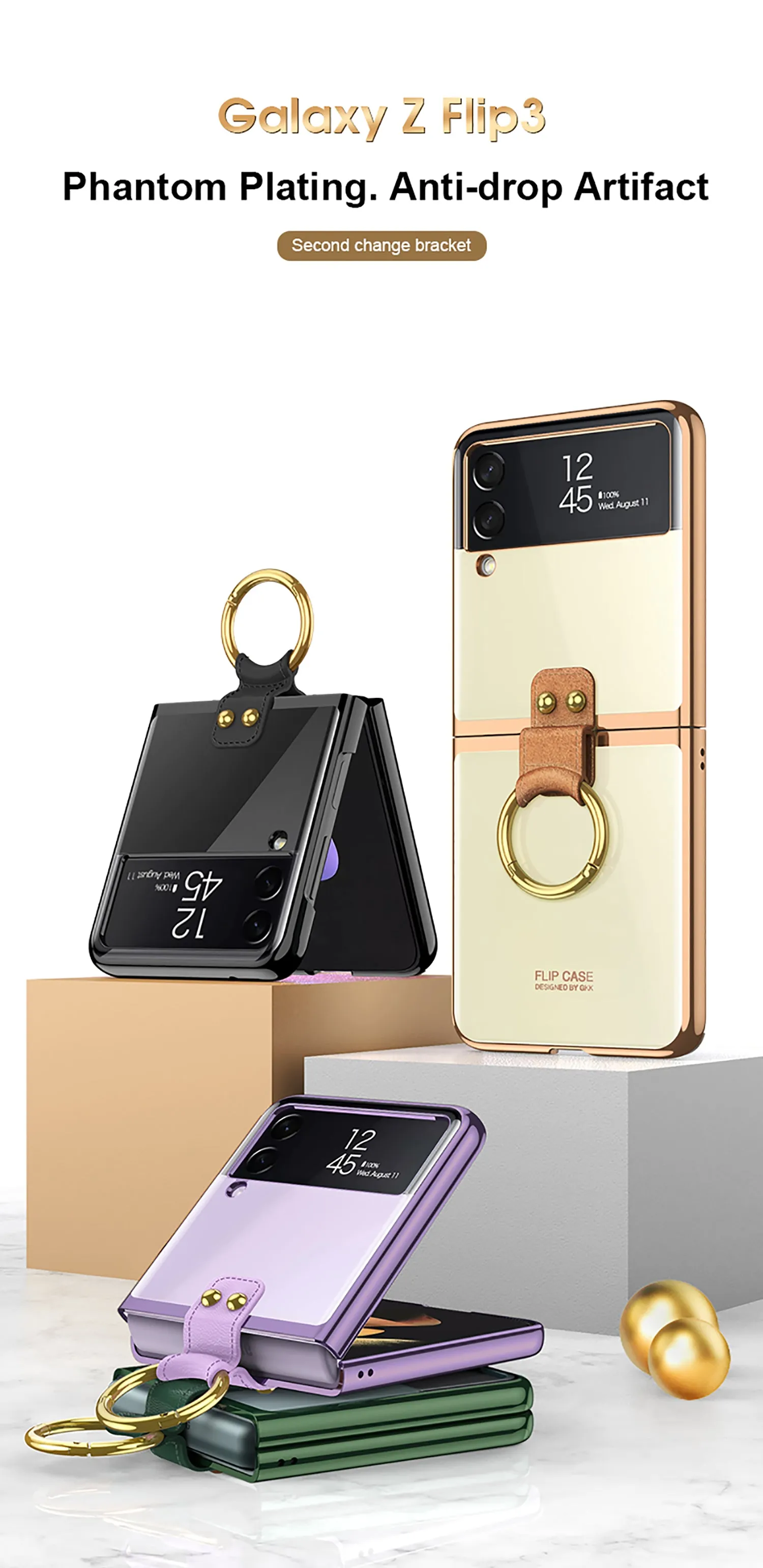 Luxury Transparent Plating Case Cover For Samsung Galaxy Z Flip 3 5G Case Ring Stand Hard Phone Cover For Galaxy Z Flip3 5G