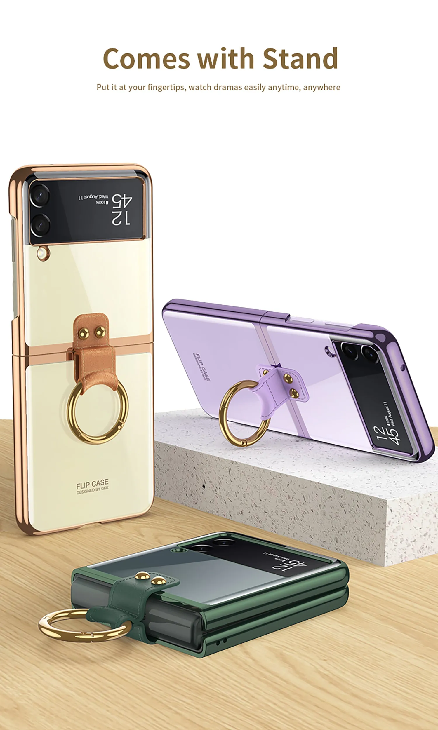 Luxury Transparent Plating Case Cover For Samsung Galaxy Z Flip 3 5G Case Ring Stand Hard Phone Cover For Galaxy Z Flip3 5G