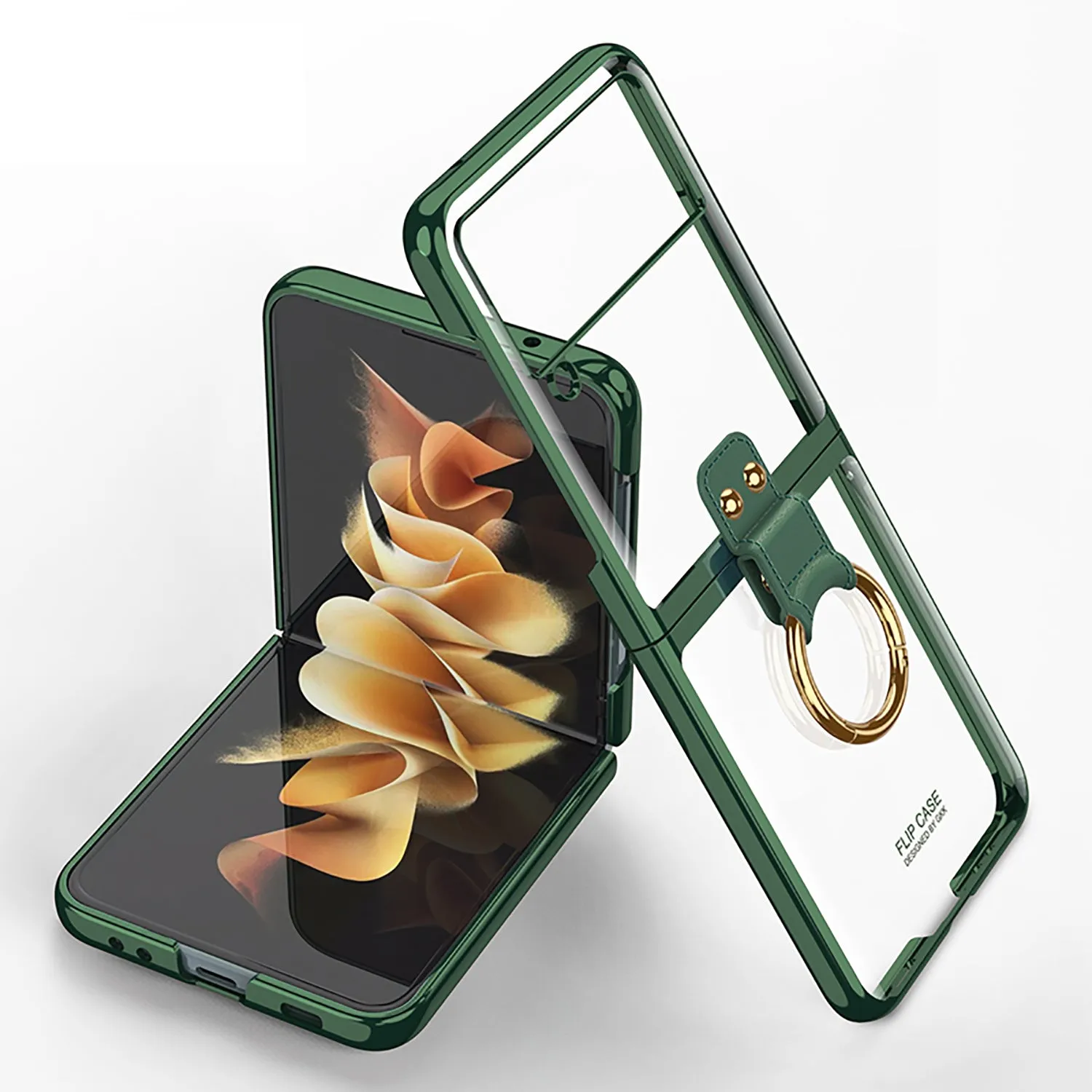 Luxury Transparent Plating Case Cover For Samsung Galaxy Z Flip 3 5G Case Ring Stand Hard Phone Cover For Galaxy Z Flip3 5G