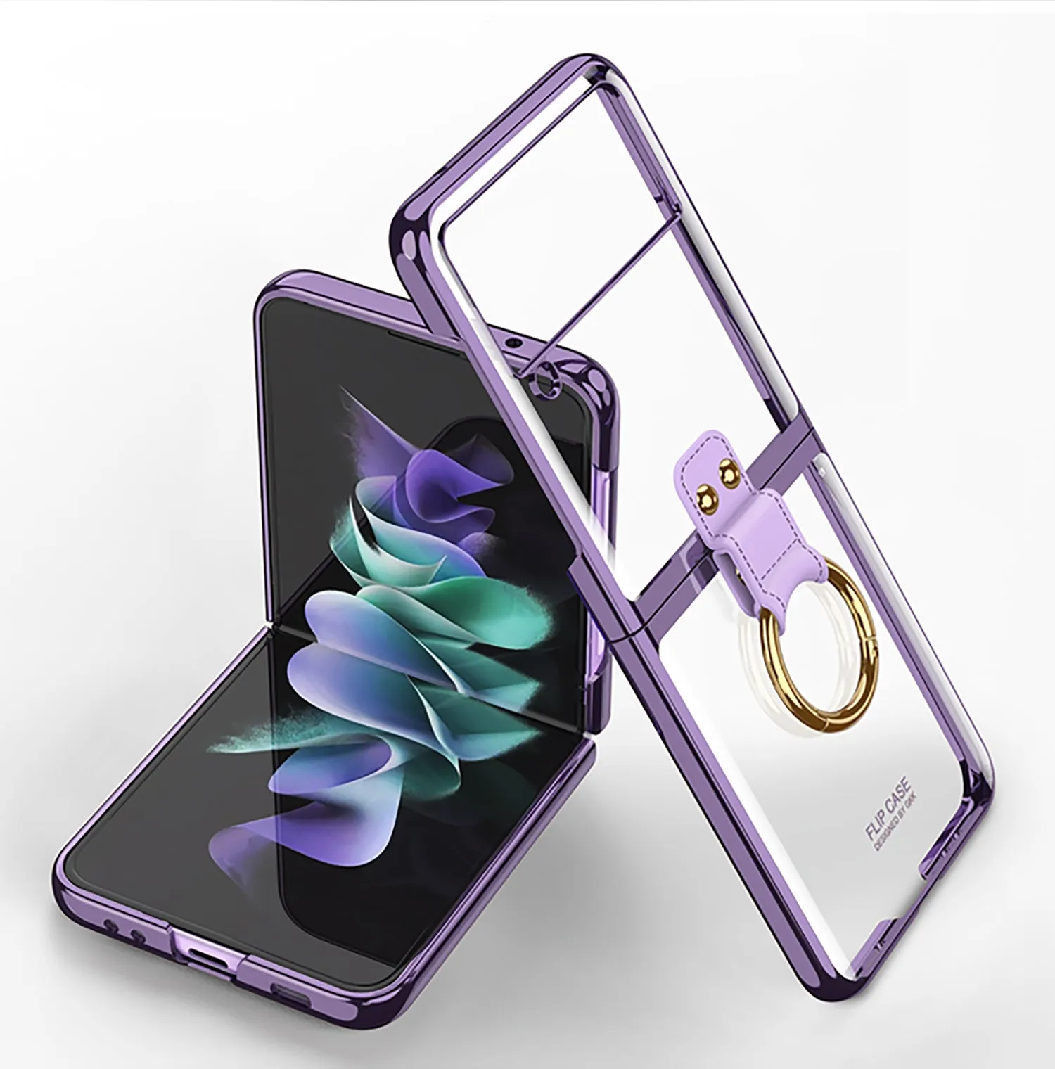Luxury Transparent Plating Case Cover For Samsung Galaxy Z Flip 3 5G Case Ring Stand Hard Phone Cover For Galaxy Z Flip3 5G