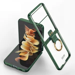 Luxury Transparent Plating Case Cover For Samsung Galaxy Z Flip 3 5G Case Ring Stand Hard Phone Cover For Galaxy Z Flip3 5G