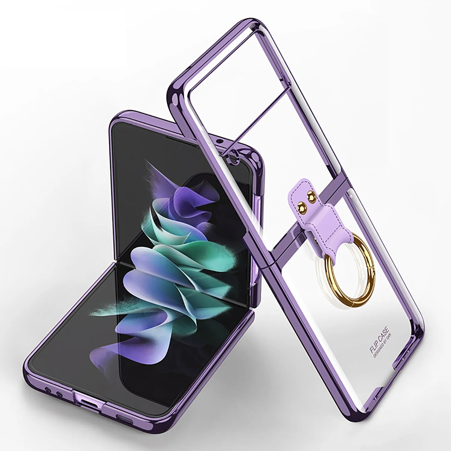 Luxury Transparent Plating Case Cover For Samsung Galaxy Z Flip 3 5G Case Ring Stand Hard Phone Cover For Galaxy Z Flip3 5G