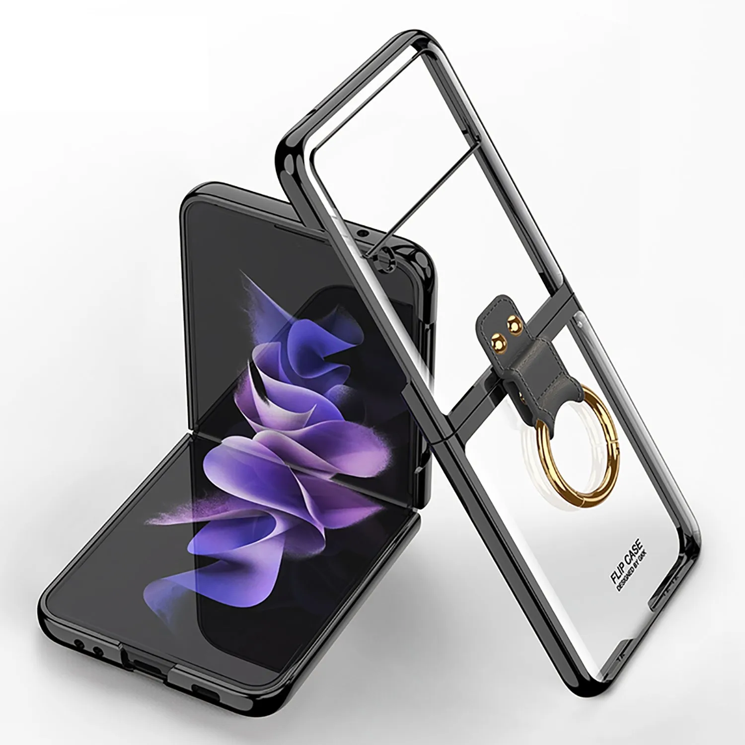 Luxury Transparent Plating Case Cover For Samsung Galaxy Z Flip 3 5G Case Ring Stand Hard Phone Cover For Galaxy Z Flip3 5G