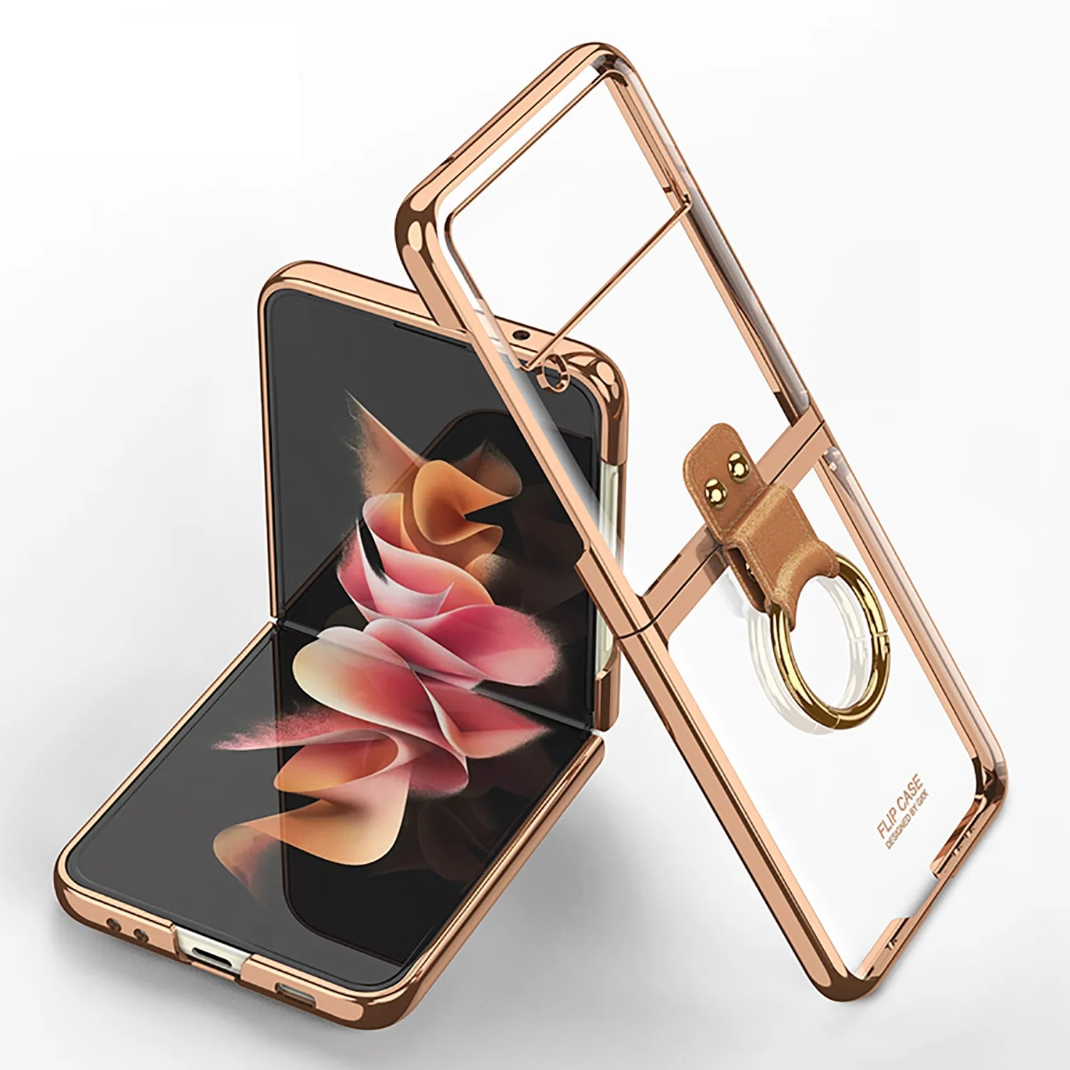 Luxury Transparent Plating Case Cover For Samsung Galaxy Z Flip 3 5G Case Ring Stand Hard Phone Cover For Galaxy Z Flip3 5G
