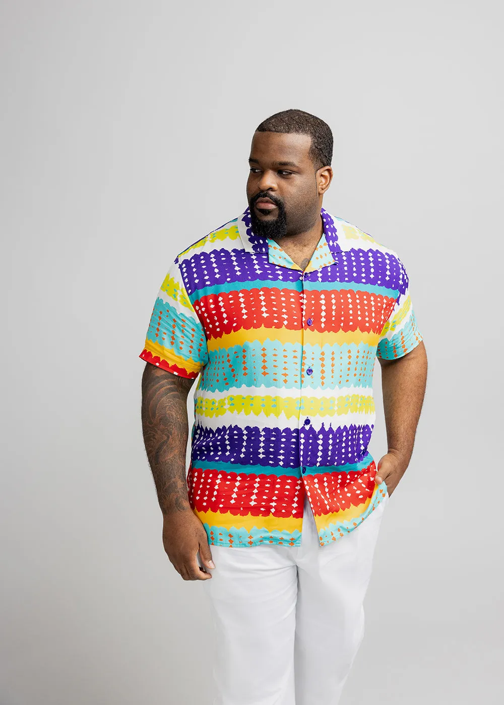 Malik Men's African Print Lightweight Button-Up Shirt (Rainbow Punch Adire) - Clearance