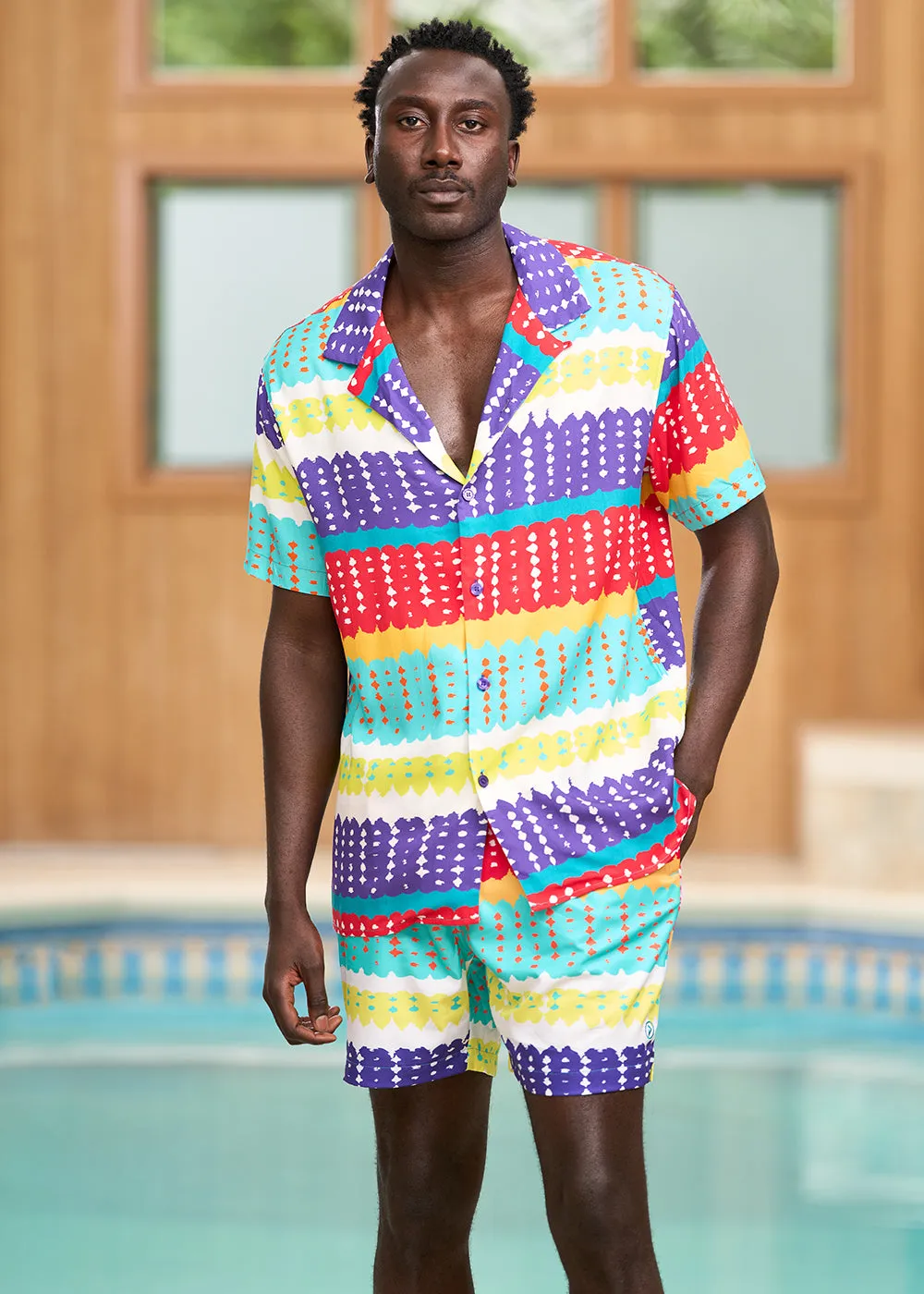 Malik Men's African Print Lightweight Button-Up Shirt (Rainbow Punch Adire) - Clearance