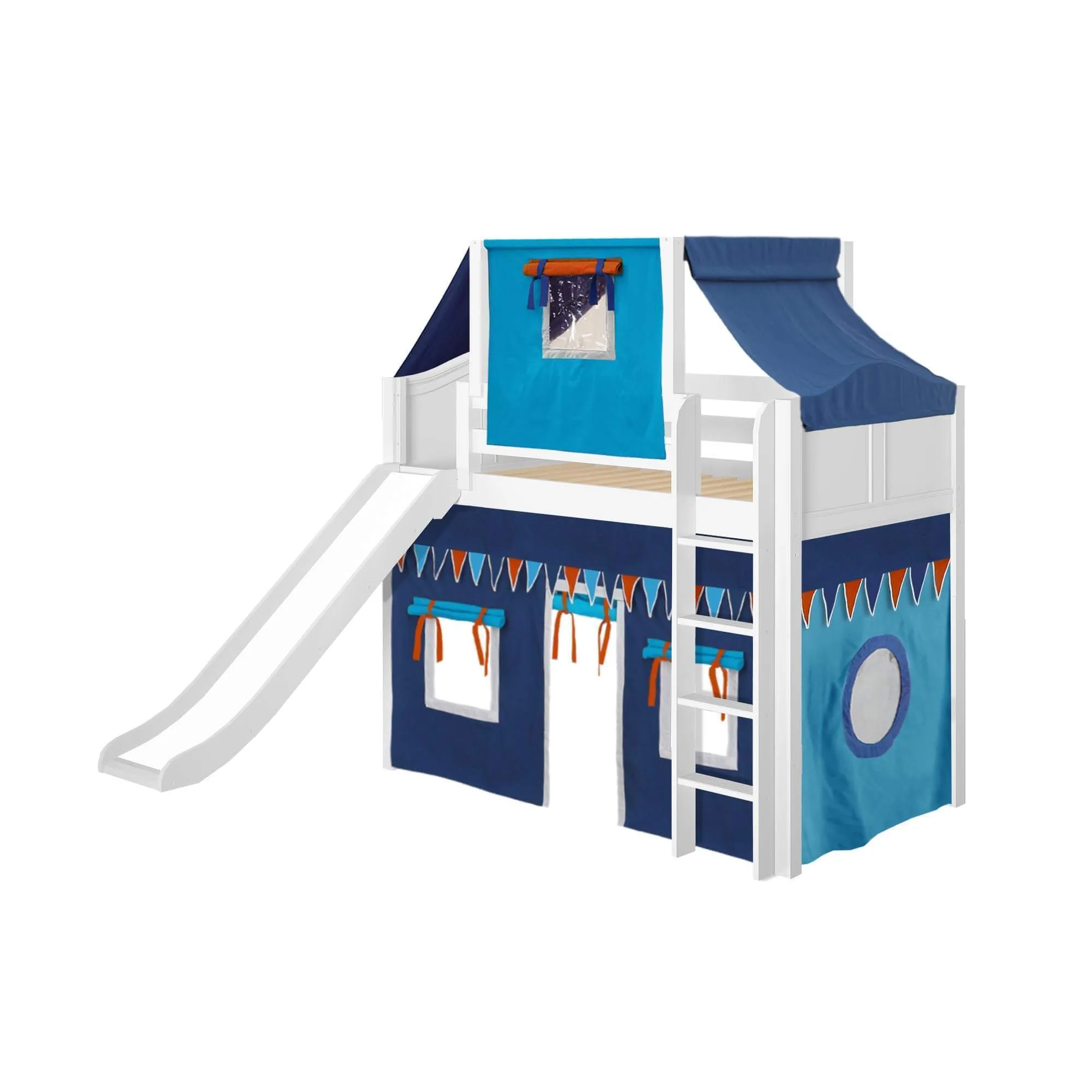 Maxtrix Twin Mid Loft Bed with Straight Ladder, Curtain, Top Tent   Slide