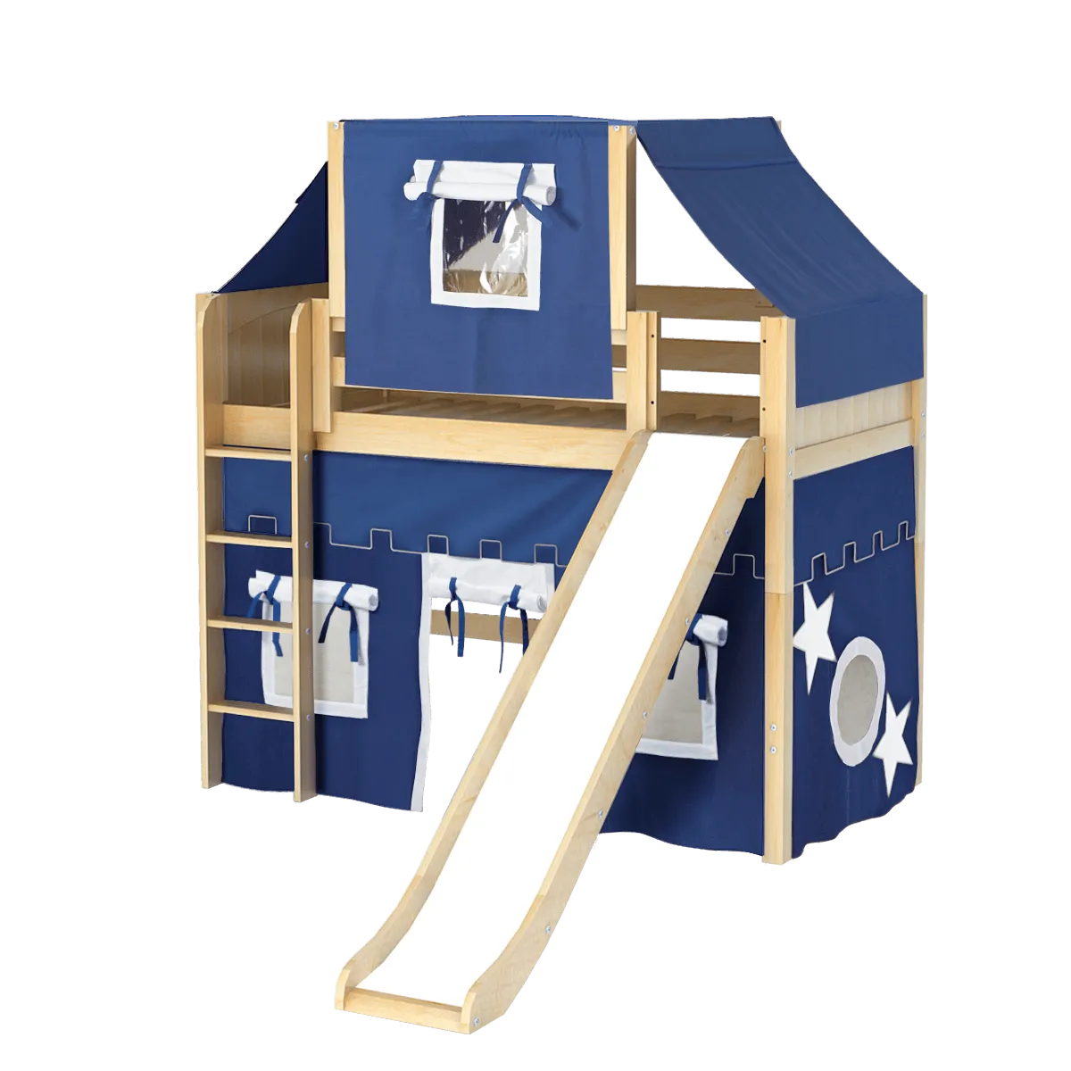 Maxtrix Twin Mid Loft Bed with Straight Ladder, Curtain, Top Tent   Slide