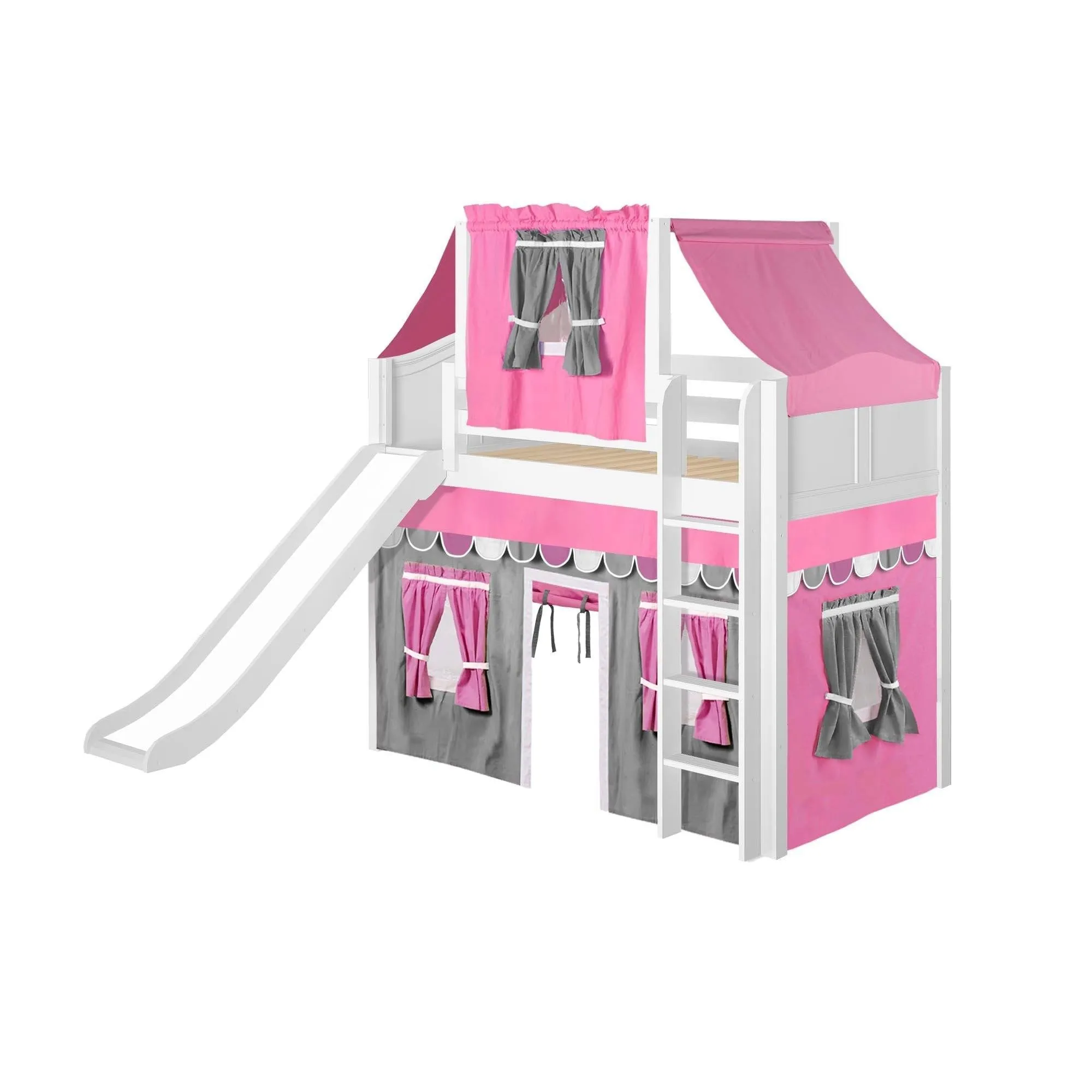 Maxtrix Twin Mid Loft Bed with Straight Ladder, Curtain, Top Tent   Slide