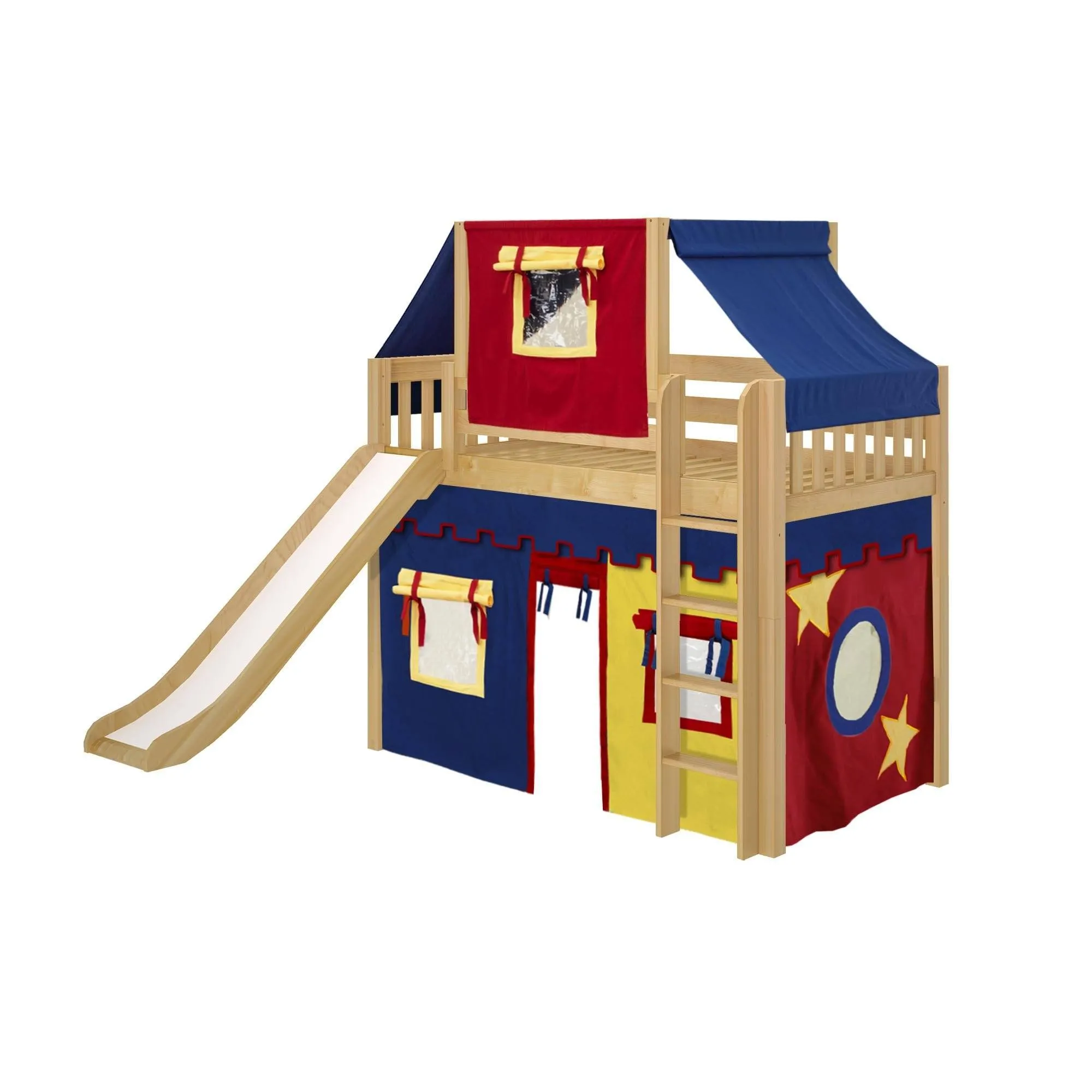Maxtrix Twin Mid Loft Bed with Straight Ladder, Curtain, Top Tent   Slide