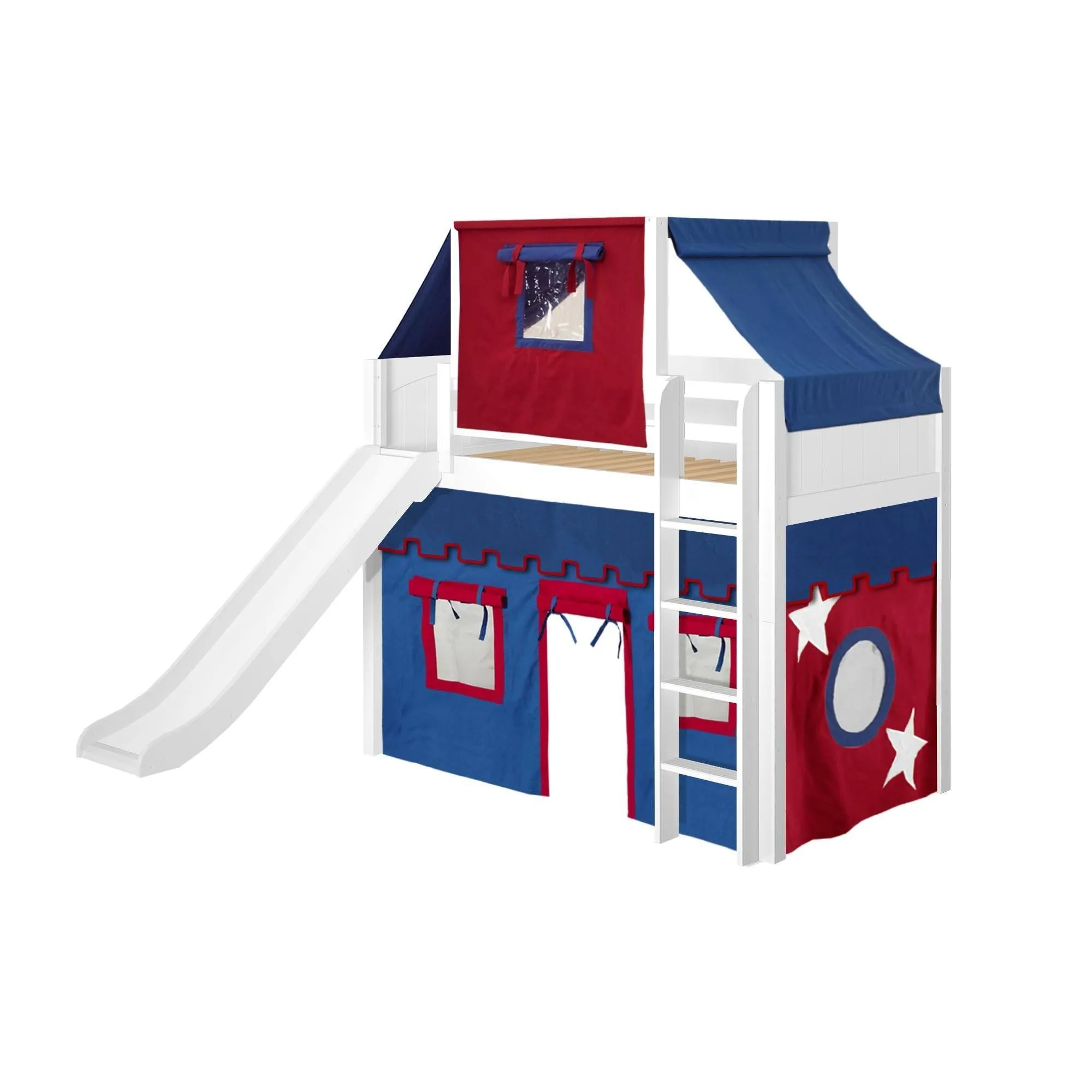 Maxtrix Twin Mid Loft Bed with Straight Ladder, Curtain, Top Tent   Slide