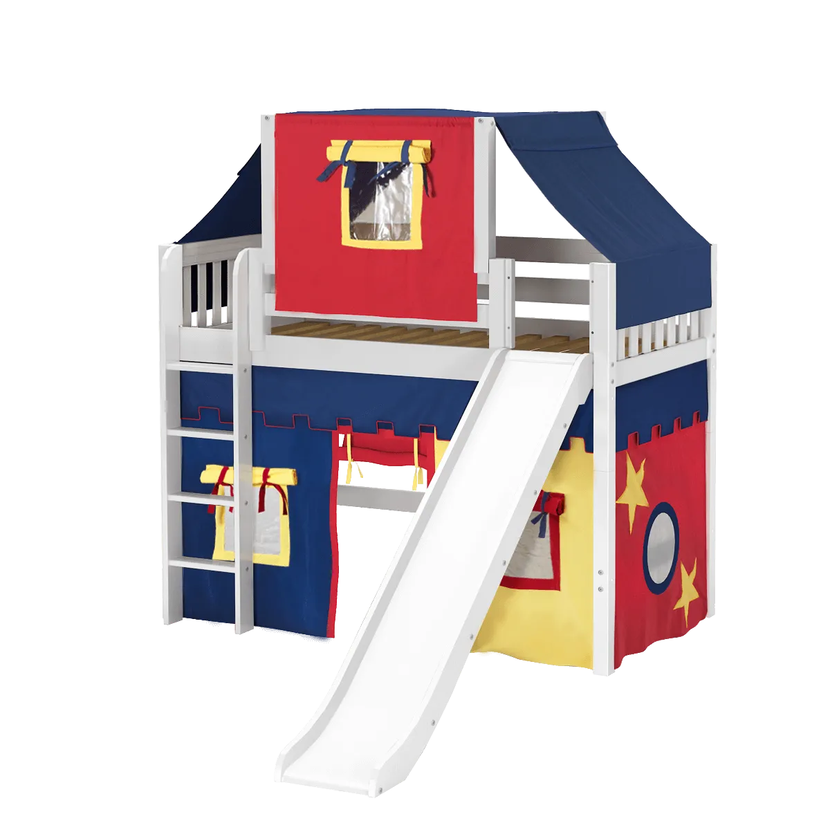 Maxtrix Twin Mid Loft Bed with Straight Ladder, Curtain, Top Tent   Slide