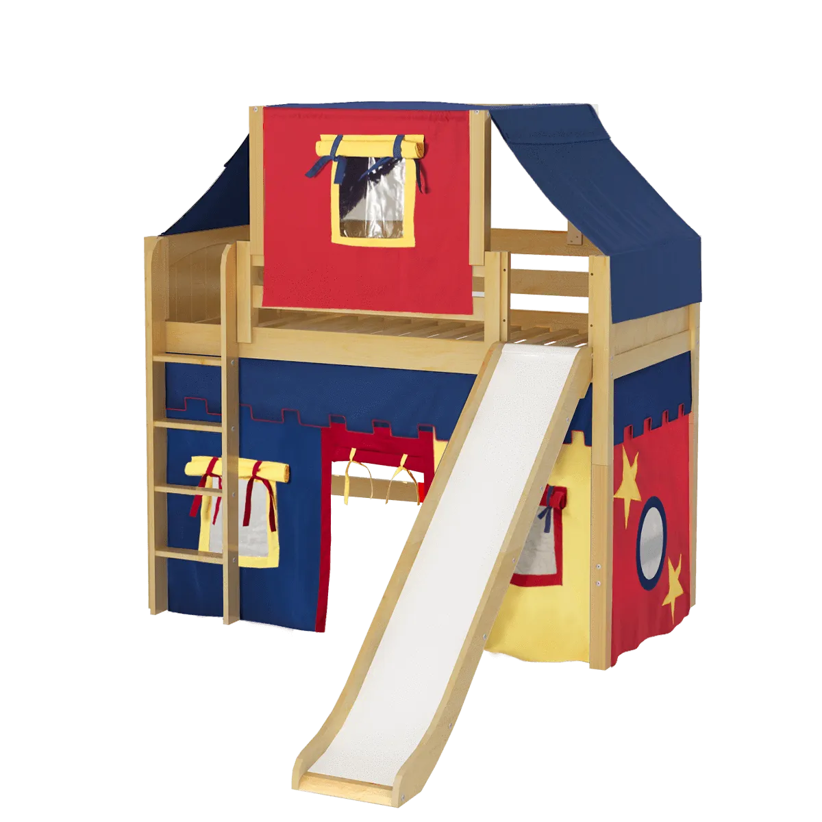 Maxtrix Twin Mid Loft Bed with Straight Ladder, Curtain, Top Tent   Slide