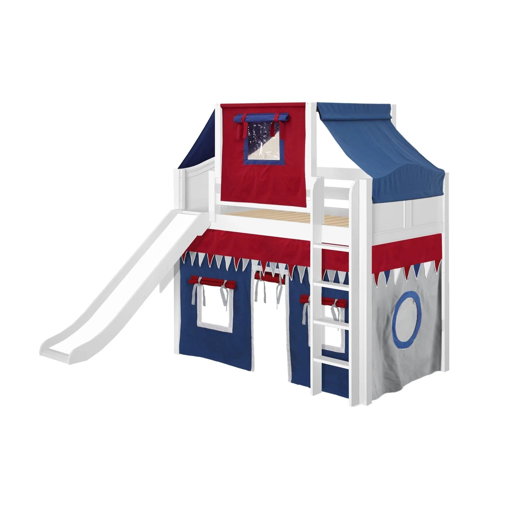 Maxtrix Twin Mid Loft Bed with Straight Ladder, Curtain, Top Tent   Slide