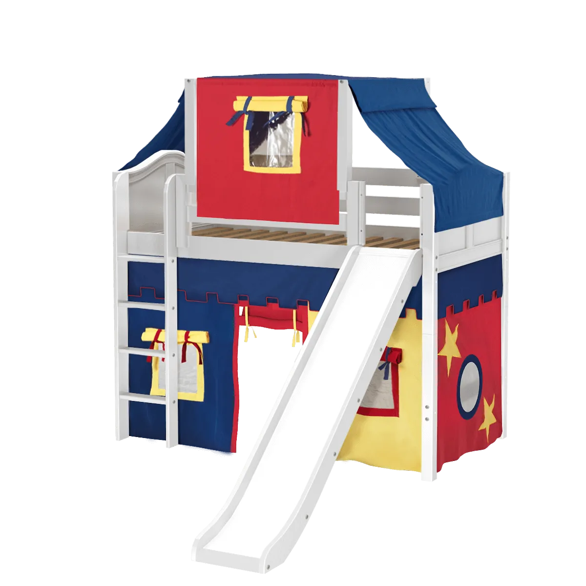 Maxtrix Twin Mid Loft Bed with Straight Ladder, Curtain, Top Tent   Slide