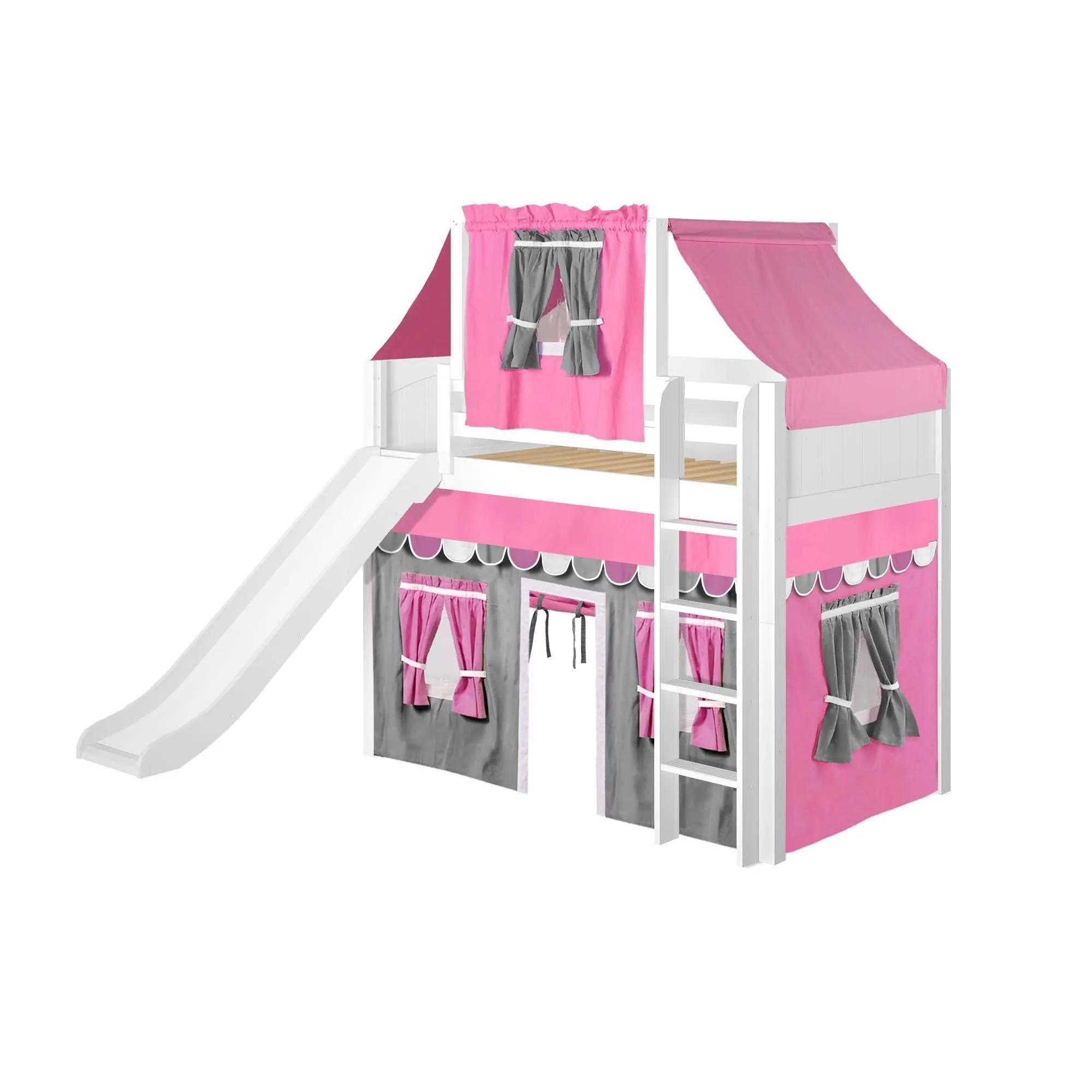 Maxtrix Twin Mid Loft Bed with Straight Ladder, Curtain, Top Tent   Slide