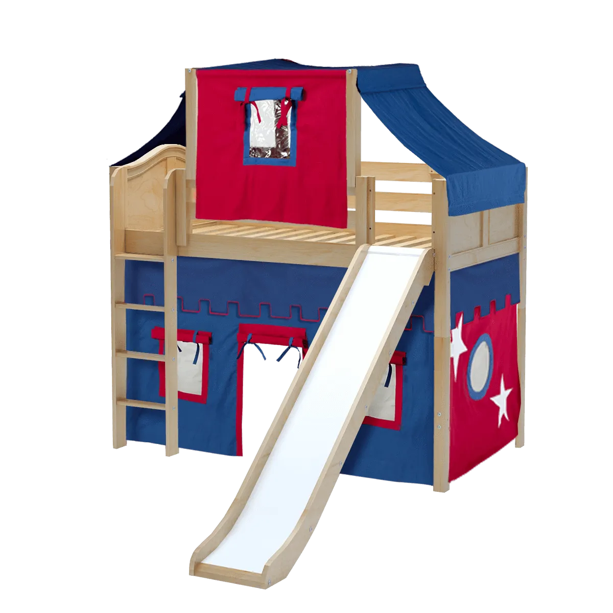 Maxtrix Twin Mid Loft Bed with Straight Ladder, Curtain, Top Tent   Slide