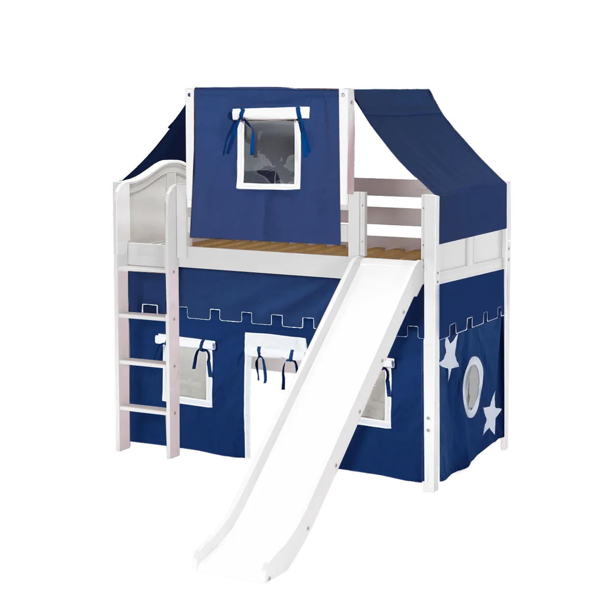 Maxtrix Twin Mid Loft Bed with Straight Ladder, Curtain, Top Tent   Slide