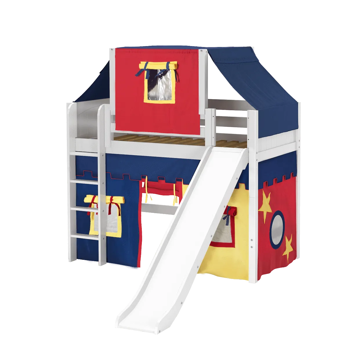 Maxtrix Twin Mid Loft Bed with Straight Ladder, Curtain, Top Tent   Slide