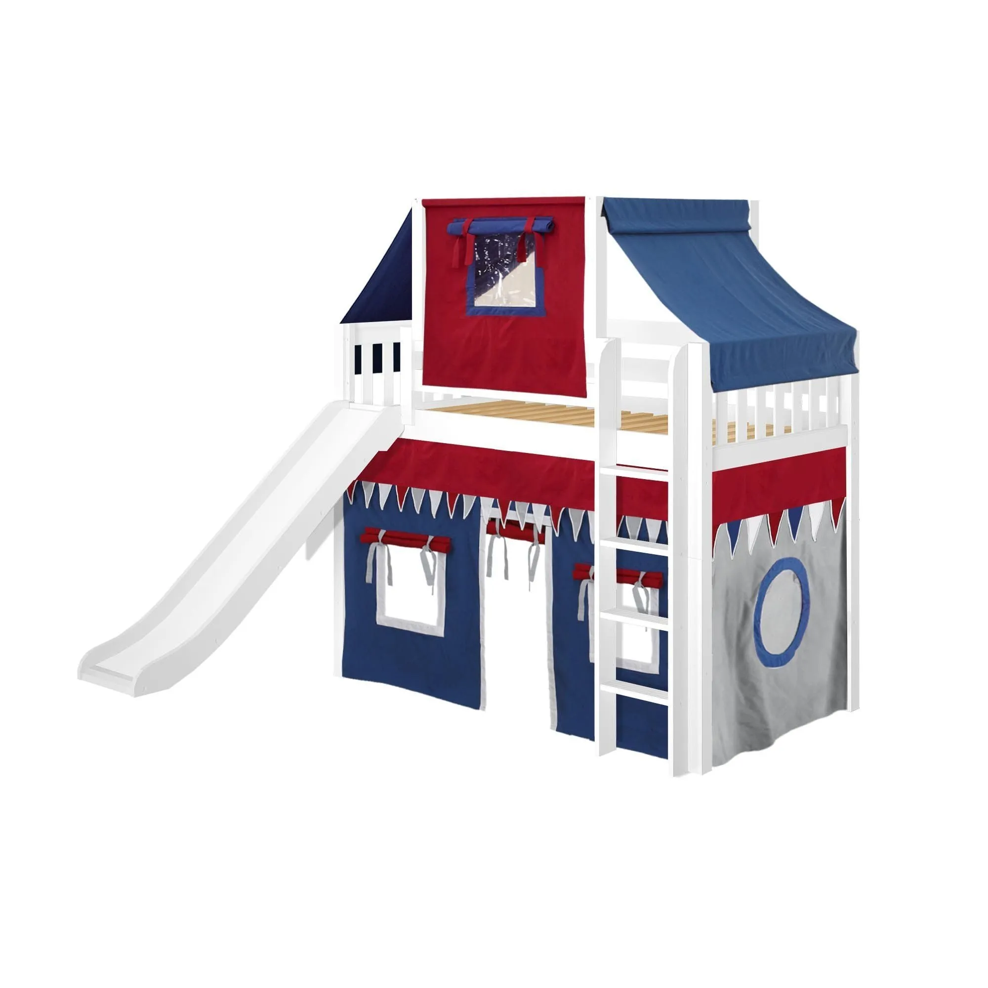 Maxtrix Twin Mid Loft Bed with Straight Ladder, Curtain, Top Tent   Slide