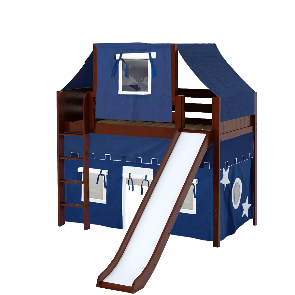 Maxtrix Twin Mid Loft Bed with Straight Ladder, Curtain, Top Tent   Slide