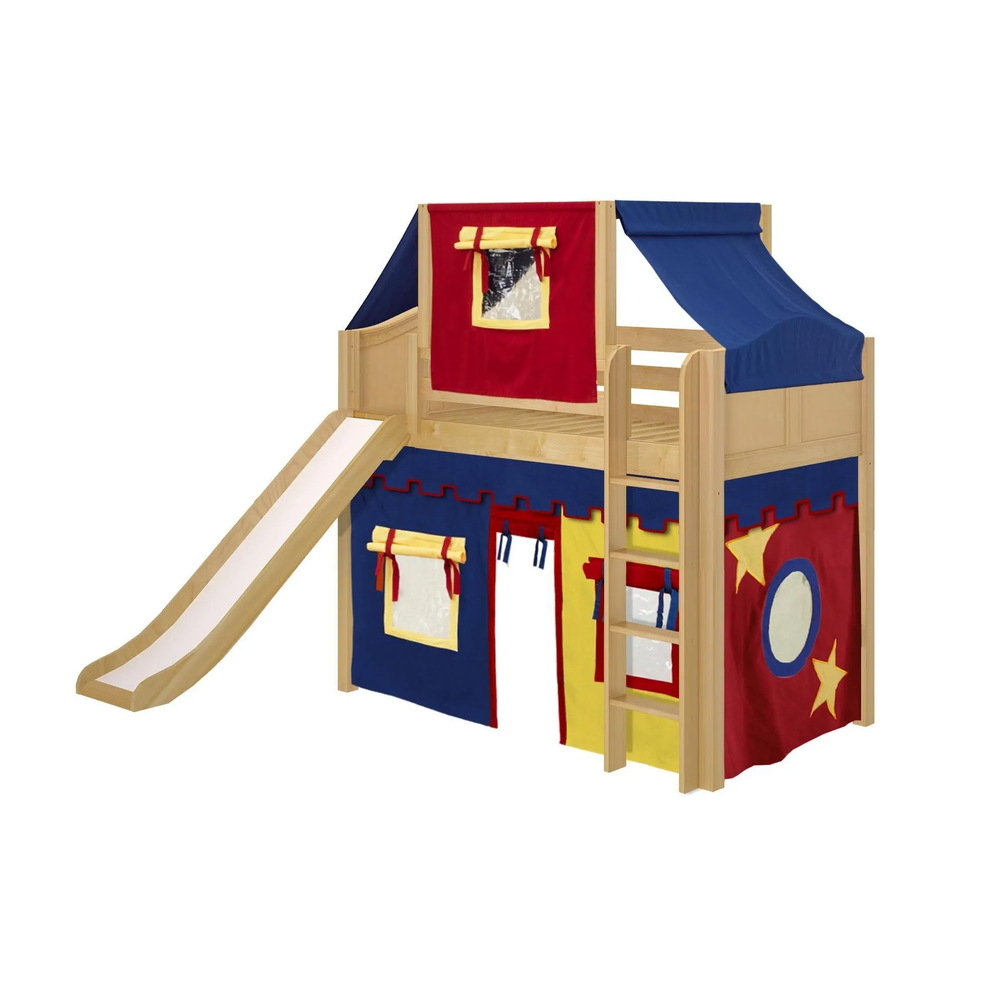 Maxtrix Twin Mid Loft Bed with Straight Ladder, Curtain, Top Tent   Slide
