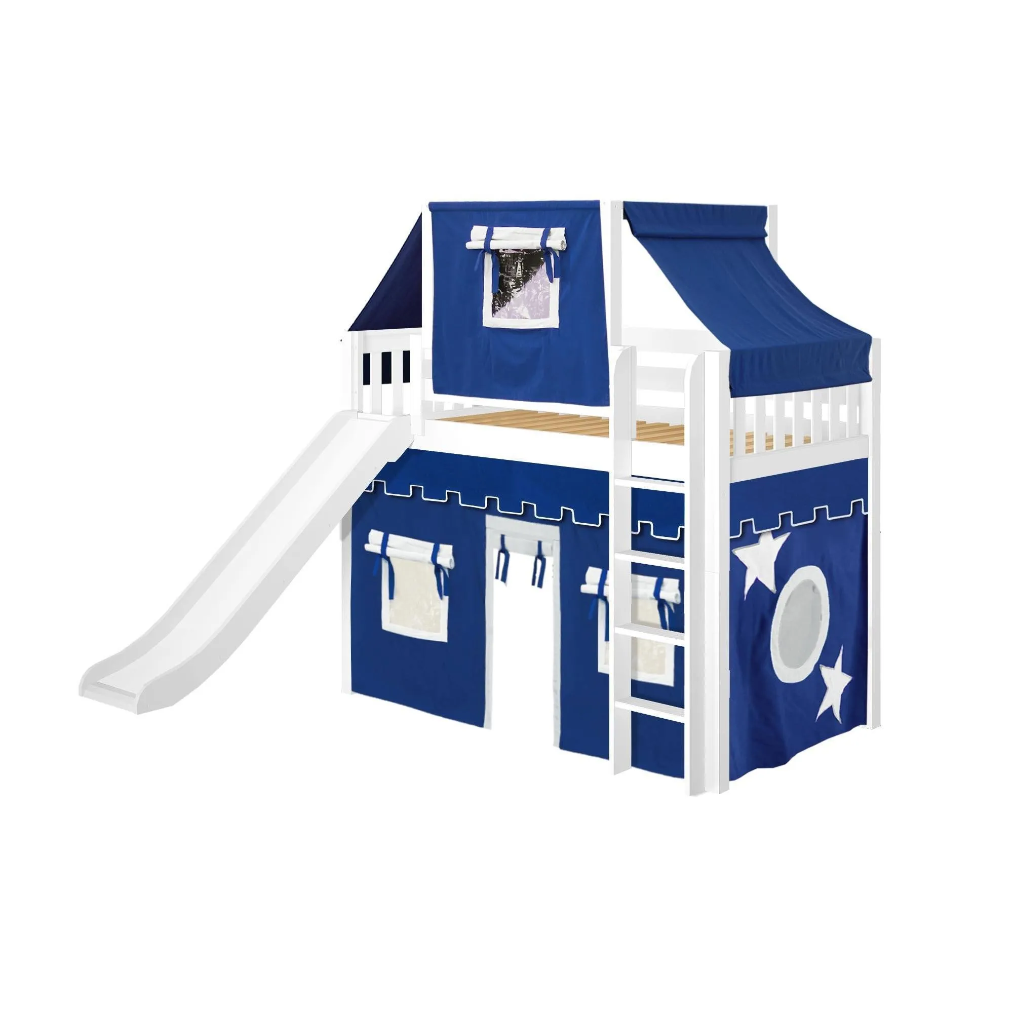 Maxtrix Twin Mid Loft Bed with Straight Ladder, Curtain, Top Tent   Slide