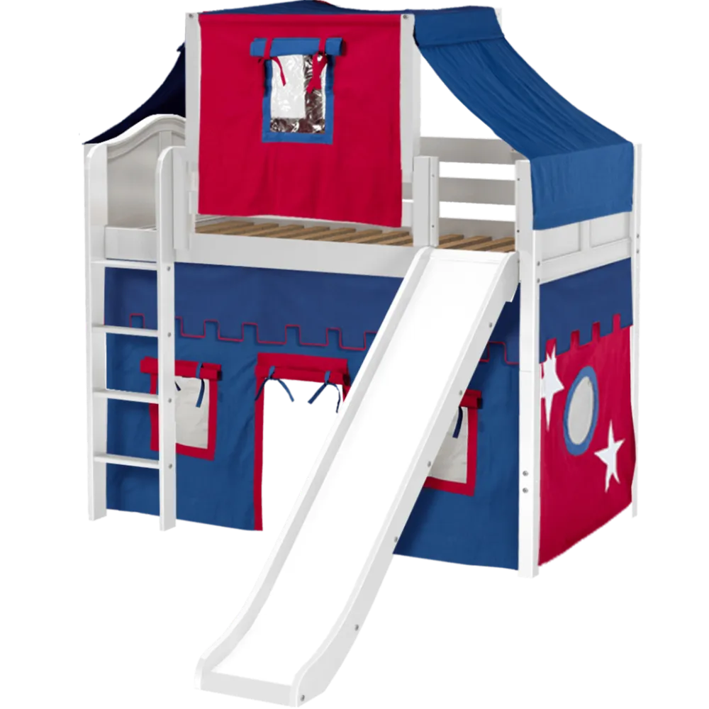Maxtrix Twin Mid Loft Bed with Straight Ladder, Curtain, Top Tent   Slide