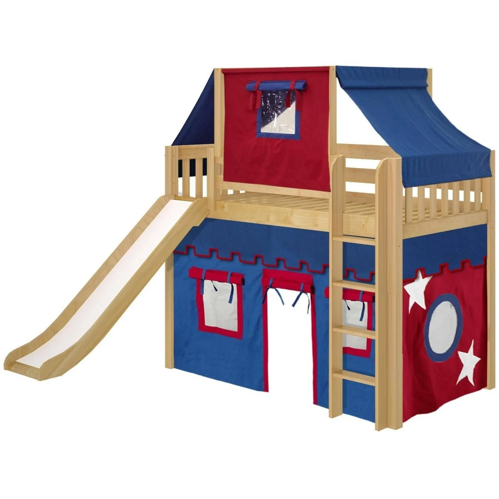 Maxtrix Twin Mid Loft Bed with Straight Ladder, Curtain, Top Tent   Slide