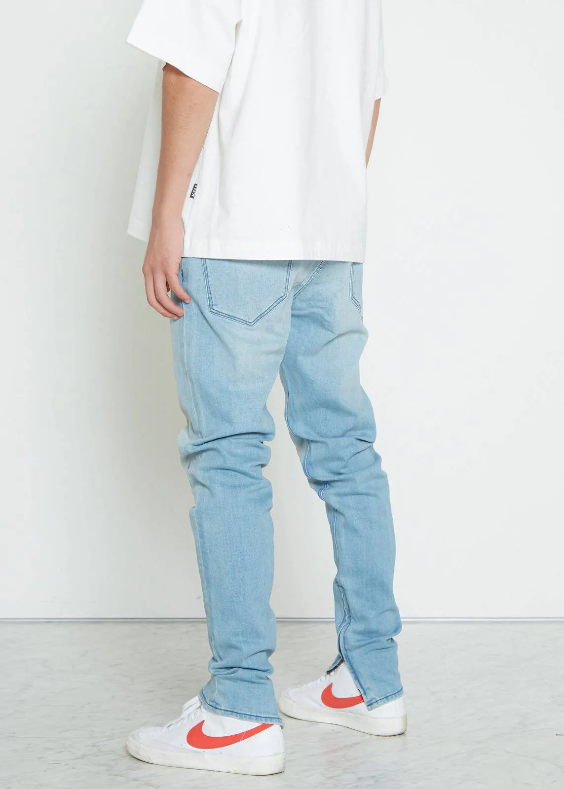 Men's Side Zip Slim Fit Denim in Light Blue Wash