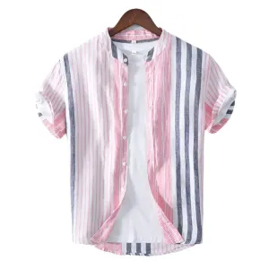 Men’s Striped Shirt – Short Sleeve – Grandad Collar – Breathable – Casual Summer Fit